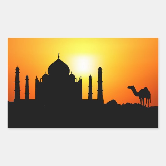 Sticker Rectangulaire Taj Mahal & Camel Sur Arrière - plan Coucher De So (Devant)