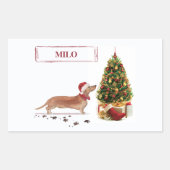 Sticker Rectangulaire Tan Dachshund Funny Chien de Noël avec arbre (Devant)