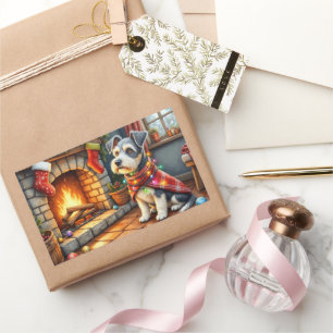 Sticker Rectangulaire Terrier Tchèque Cheminée avec Lumières de Noël