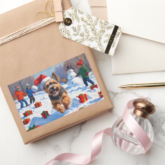 Sticker Rectangulaire Terrier tibétain coule dans la neige avec Casquett (Cadeaux)