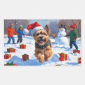 Sticker Rectangulaire Terrier tibétain coule dans la neige avec Casquett (Devant)