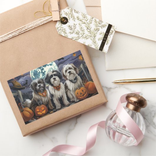 Sticker Rectangulaire Terrier Tibétain Halloween Épouvantable (Cadeaux)