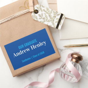 Sticker Rectangulaire Texte simple Bleu et Blanc Parti de Graduation Fav