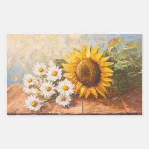 Sticker Rectangulaire Tournesols et pâquerettes sur une table rustique