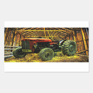 Sticker Rectangulaire Tracteur rouge antique Grange rustique
