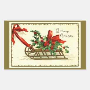 Sticker Rectangulaire Traîneau de Noël doré vintage