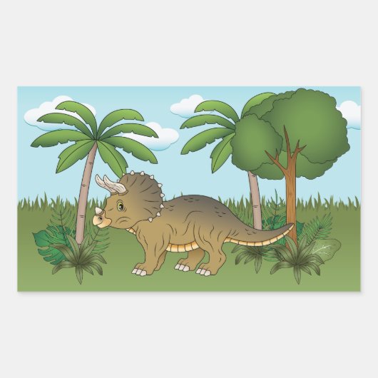 Sticker Rectangulaire Tricératops de Dinosaure Palmier Tropical (Devant)