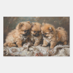 Sticker Rectangulaire Trio Poméranien de chiot Vintage