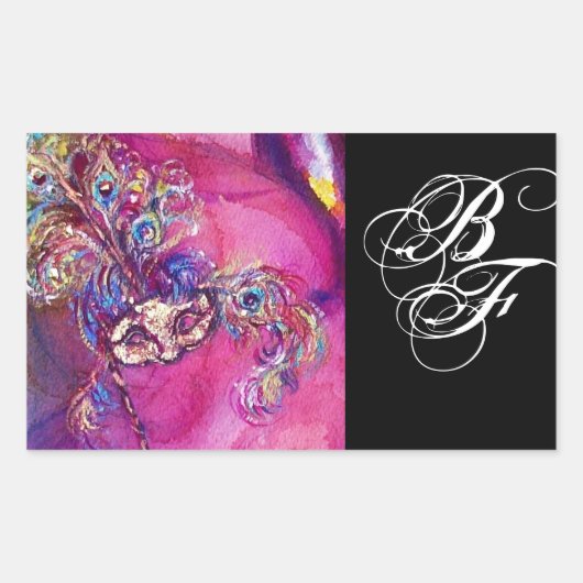 Sticker Rectangulaire TROISIÈME MASQUE Mascarade Monogramme Fuchsia Noir (Devant)