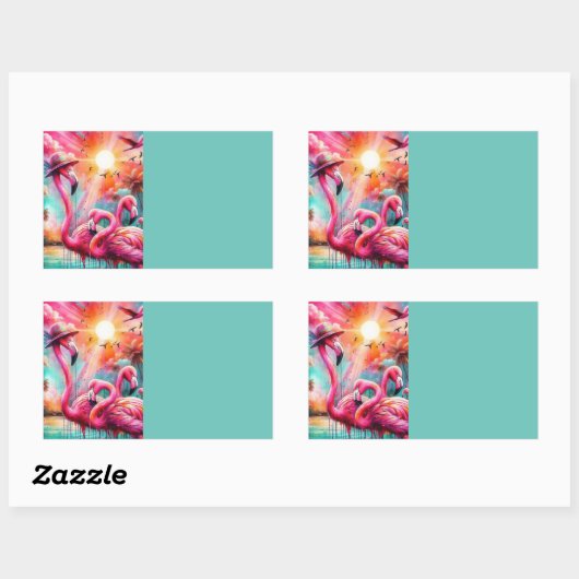 Sticker Rectangulaire Tropical Pink Flamants roses Palm Trees Organisati (Feuille)
