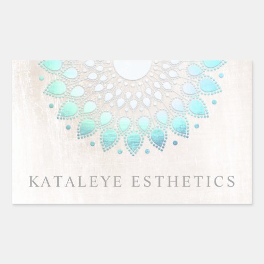 Sticker Rectangulaire Turquoise Bleu Lotus Mandala Marbre blanc brossé (Devant)