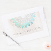 Sticker Rectangulaire Turquoise Bleu Lotus Mandala Marbre blanc brossé (Enveloppe)