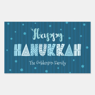 Sticker Rectangulaire Turquoise Happy Hanoukka Whimsical Fun Typographie