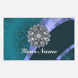 Sticker Rectangulaire Turquoise vert damas et ruban