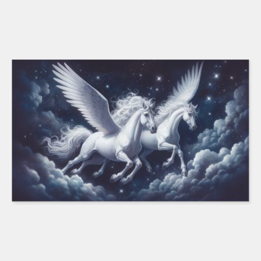 Sticker Rectangulaire Twin Pegasus volant à travers le ciel nocturne (Devant)