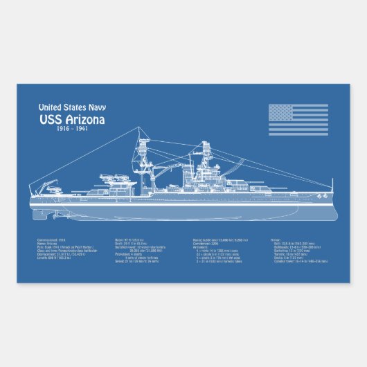 Sticker Rectangulaire USS Arizona - Plan de plan d'expédition ABD (Devant)