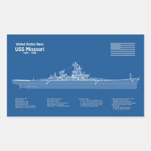 Sticker Rectangulaire USS Missouri - Plan de plan d'expédition ABD (Devant)