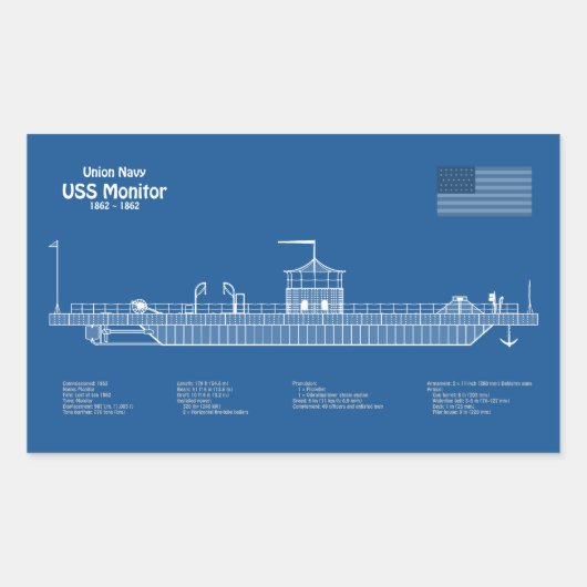 Sticker Rectangulaire USS Monitor - Plan de plan d'expédition ABD (Devant)