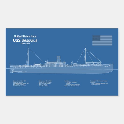 Sticker Rectangulaire USS Vesuvius - Plan de plan d'expédition ABD (Devant)