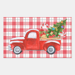 Sticker Rectangulaire Vacances vintages de camion de Noël de plaid roug