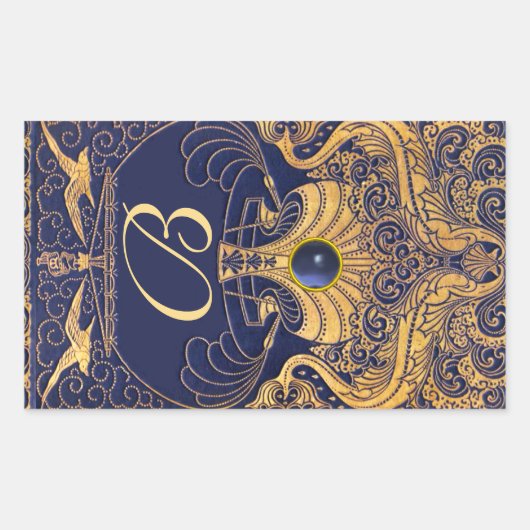 Sticker Rectangulaire Vaisseau antique, Dauphins, Or, Monogramme bleu ma (Devant)