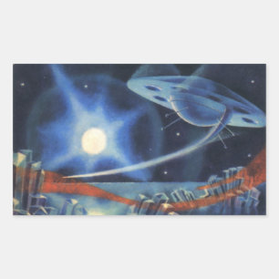Sticker Rectangulaire Vaisseau Spatial Bleu de Science-Fiction Vintage s