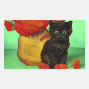 Sticker Rectangulaire Van Gogh Black Kitten Fleurs rouges