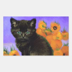 Sticker Rectangulaire Van Gogh Kitten noir avec des tournesols