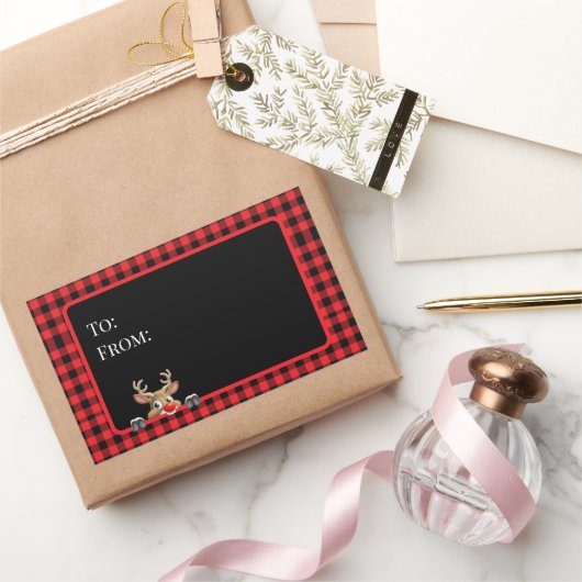 Sticker Rectangulaire Vichy Rouge Noir Tendance avec Renne (Cadeaux)