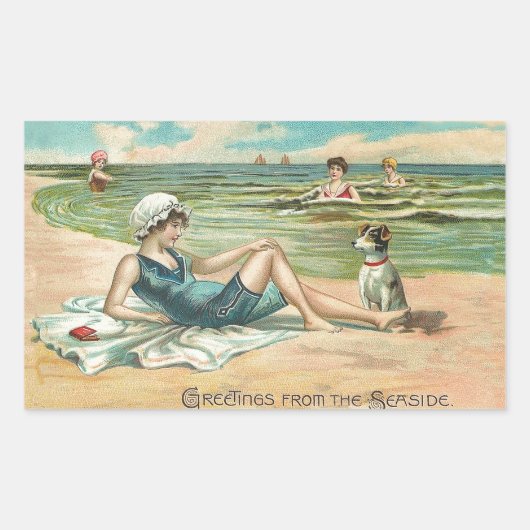 Sticker Rectangulaire Victorian Beach Swim Girl Ocean Summer Vacances (Devant)
