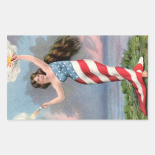 Sticker Rectangulaire Vintage fille patriotique portant le drapeau améri