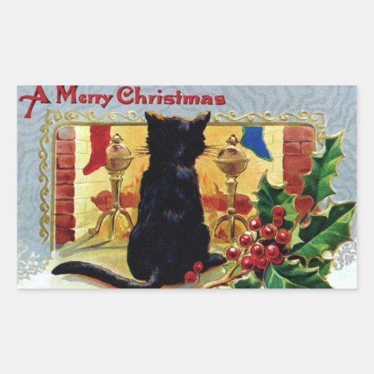 Sticker Rectangulaire Vintage Joyeux Noël Kitten Cheminée Holly (Devant)