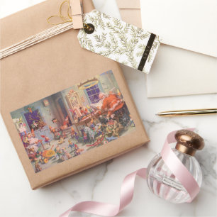 Sticker Rectangulaire Vintage Noël, Santa Claus avec Elves Atelier