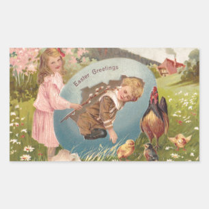 Sticker Rectangulaire Vintage Pâques Victorienne fille et garçon
