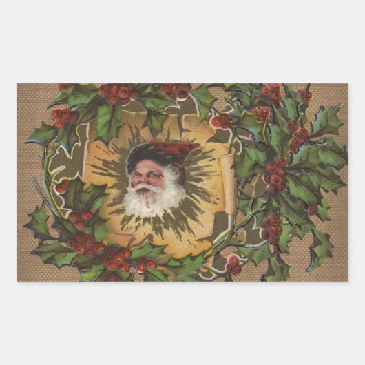 Sticker Rectangulaire Vintage Père Noël Antique Holly Christmas (Devant)