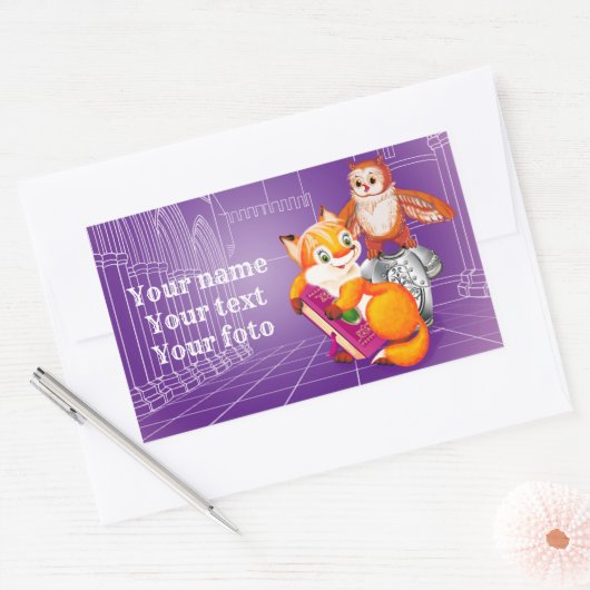 Sticker Rectangulaire violet renard et hibou (Enveloppe)