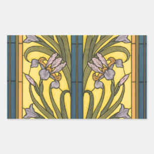 Sticker Rectangulaire Vitrail Art Nouveau Fleur d'Iris Bleu Or