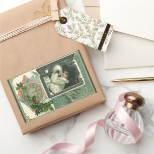 Sticker Rectangulaire Vœux de Nouvel An vintage, Fenêtre de jeune fille