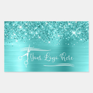 Sticker Rectangulaire Votre Logo Pailleté Turquoise Bleu Glam