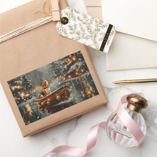 Sticker Rectangulaire Voyage festif de Noël beagle (Cadeaux)