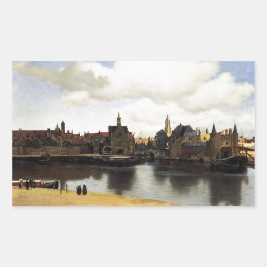 Sticker Rectangulaire Vue de Delft par Johannes Vermeer (Devant)