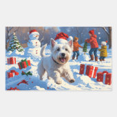Sticker Rectangulaire Westie coule en neige avec le Casquette de Noël (Devant)