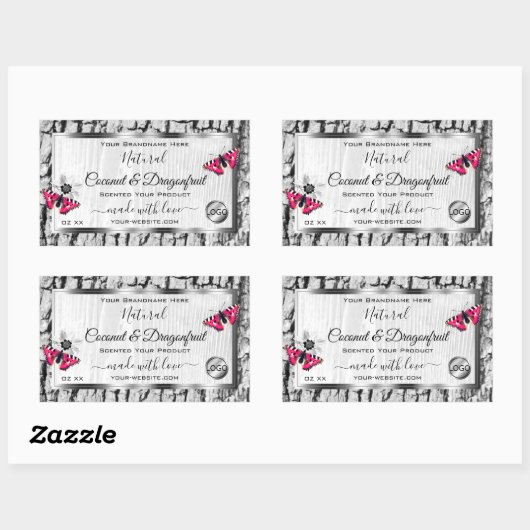 Sticker Rectangulaire White Tree Bark Pink Butterfly Produit Logo Étique (Feuille)