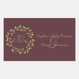 Sticker Rectangulaire Winter Red Berries Wreath Gold Joyeux Noël