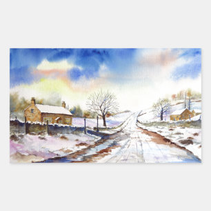 Sticker Rectangulaire Wintery Lane Watercolor