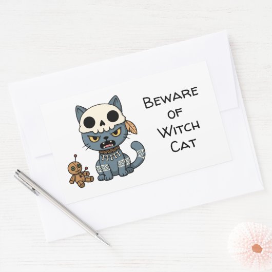 Sticker Rectangulaire Witch Cat Voodoo Doll Custom Text (Enveloppe)