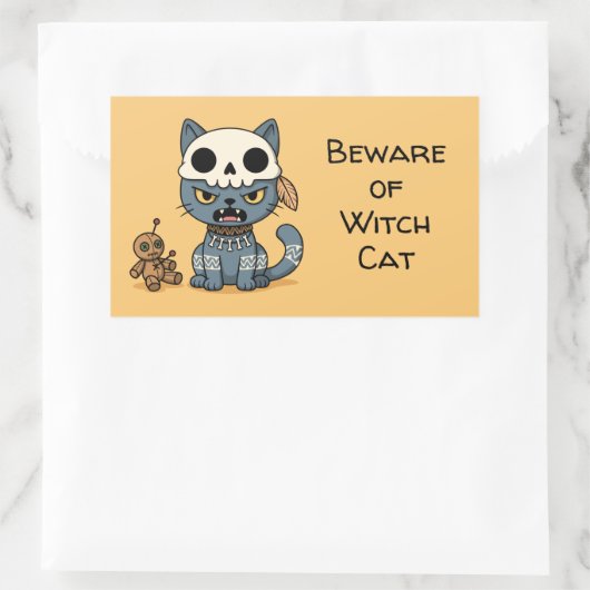 Sticker Rectangulaire Witch Cat Voodoo Doll Yellow Custom Text (Sac)
