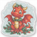 Sticker Red Christmas Holly Dragon<br><div class="desc">Un adorable dragon rouge est habillé pour Noël en saint rouge et vert tandis que la neige tombe autour de lui.</div>