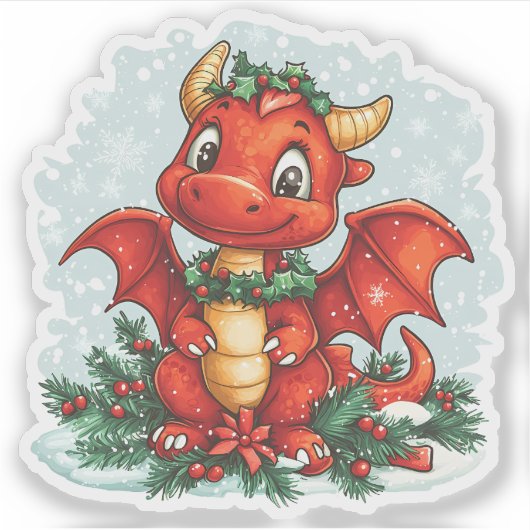 Sticker Red Christmas Holly Dragon (Devant)
