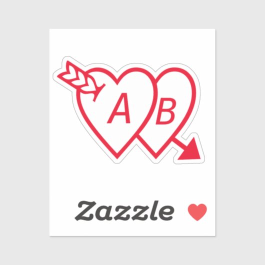 Sticker Red Double Hearts with Cupids Arrow and Initials (Feuille)